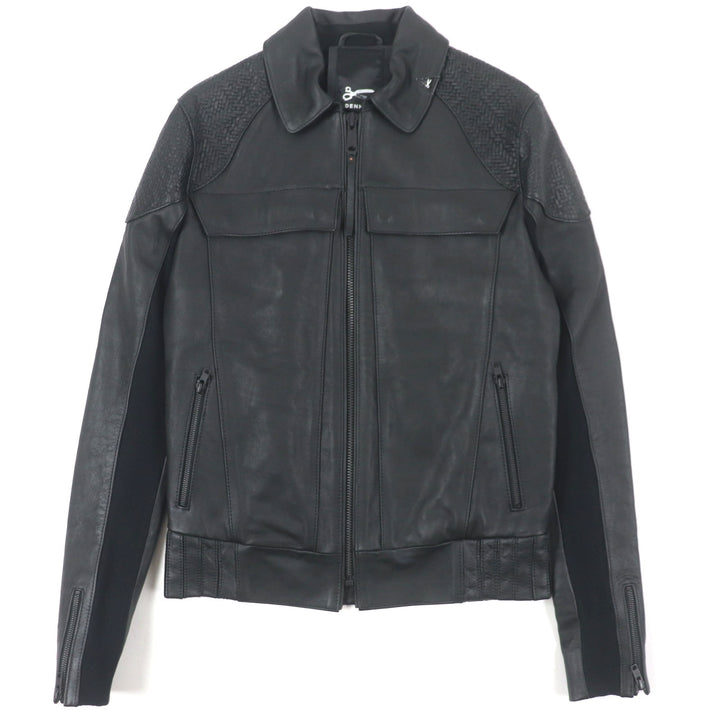 極美品▼DENHAM デンハム 01-13-06-25-001 CODY RL 切替デザイン レザー ジップアップ ライダースジャケット ブラック S 正規品 メンズ