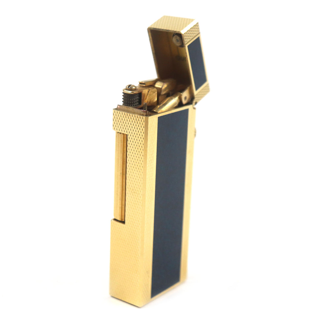 美品▼Dunhill ダンヒル スクエア ラッカー マーブル柄 ローラー式 ガスライター ネイビー ゴールド スイス製 メンズ 着火確認済み
