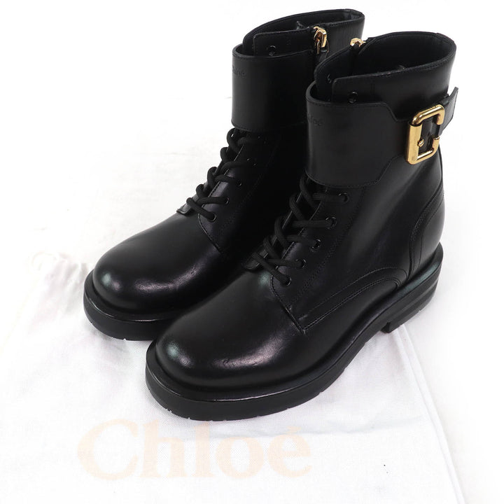 極美品△Chloe クロエ CODDINGTON ロゴ型押し サイドジップ レースアップ レザー アンクルブーツ ショートブーツ ブラック 36 保存袋付き