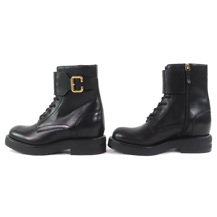 極美品△Chloe クロエ CODDINGTON ロゴ型押し サイドジップ レースアップ レザー アンクルブーツ ショートブーツ ブラック 36 保存袋付き