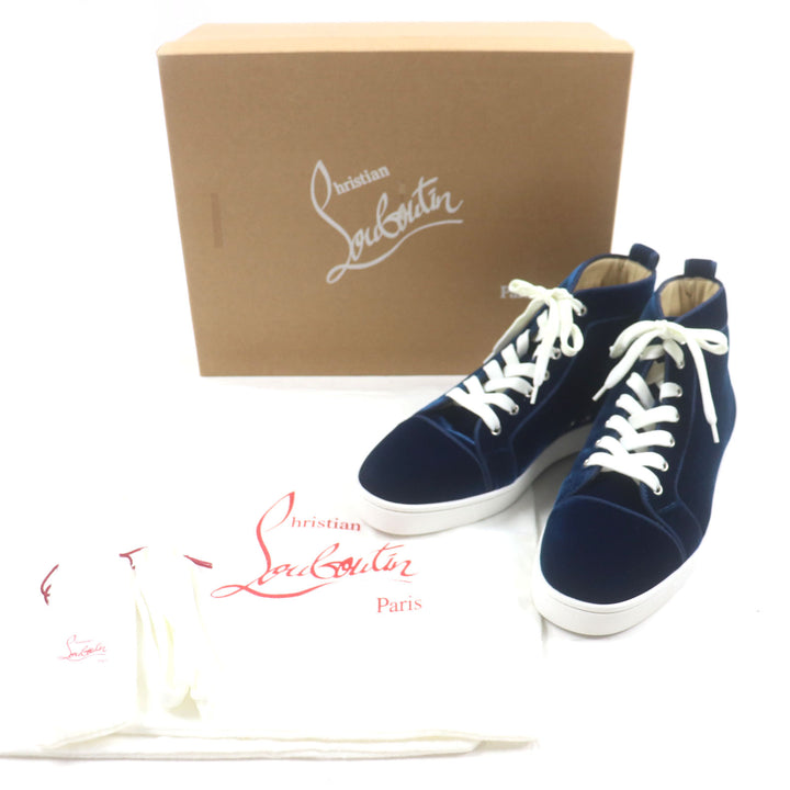 極美品▼クリスチャンルブタン LOUIS ORLATO FLAT ベルベット ベルベット ロゴ金具 ハイカットスニーカー ブルー 40 箱・保存袋付 メンズ