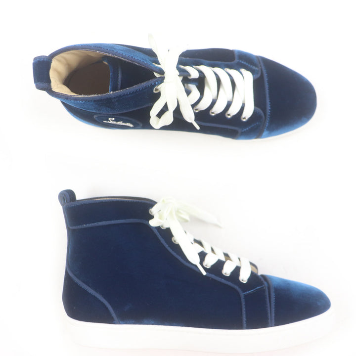 極美品▼クリスチャンルブタン LOUIS ORLATO FLAT ベルベット ベルベット ロゴ金具 ハイカットスニーカー ブルー 40 箱・保存袋付 メンズ