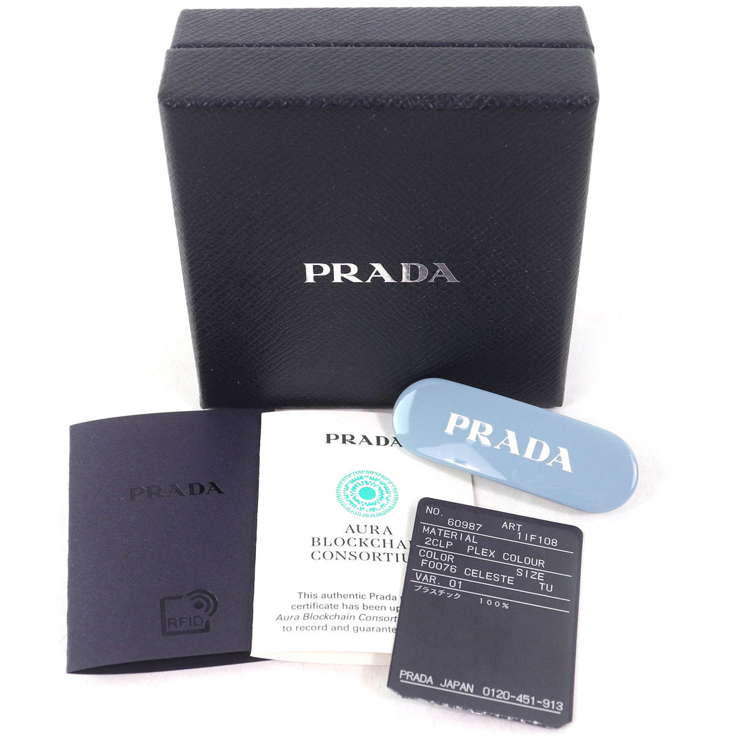 美品△PRADA プラダ 1IF108 ロゴ バレッタ ヘアクリップ ヘアピン ヘアアクセサリー CELESTE ライトブルー 箱付き イタリア製 レディース