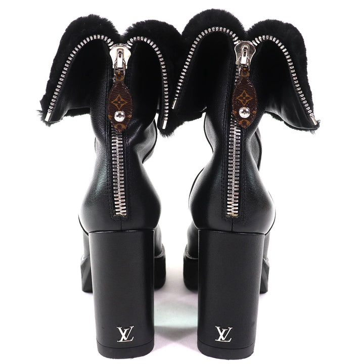 美品△LOUIS VUITTON ルイヴィトン ボブールライン LVロゴ バックジップデザイン ムートン 2WAY アンクルブーツ ショートブーツ 黒 36.5