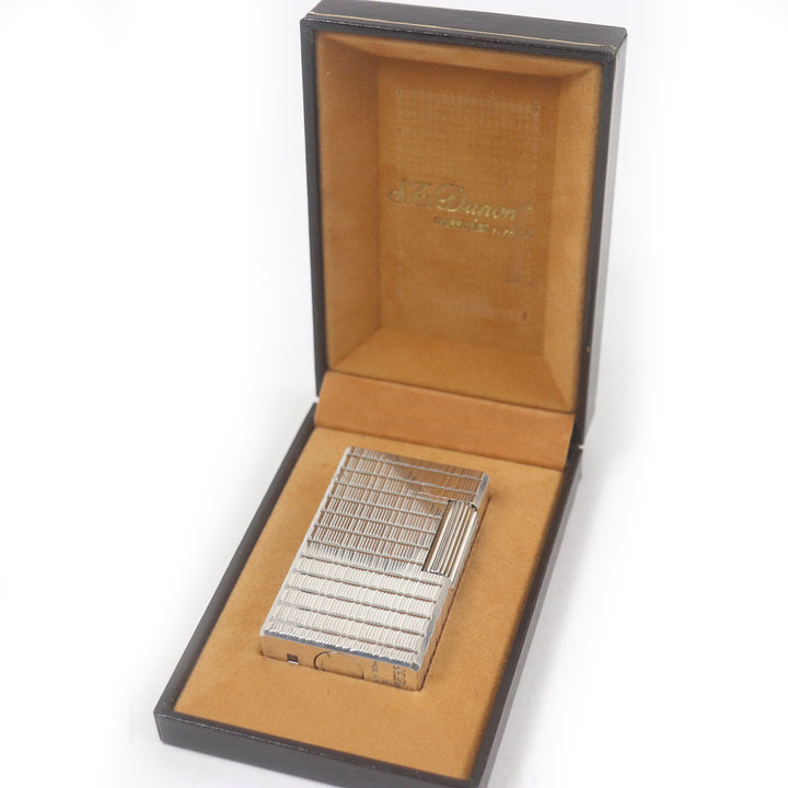 外装美品□Dupont デュポン ライン1 ロング ブロックチェック ローラー式 喫煙具 ガスライター シルバー ケース付き フランス製 着火不可