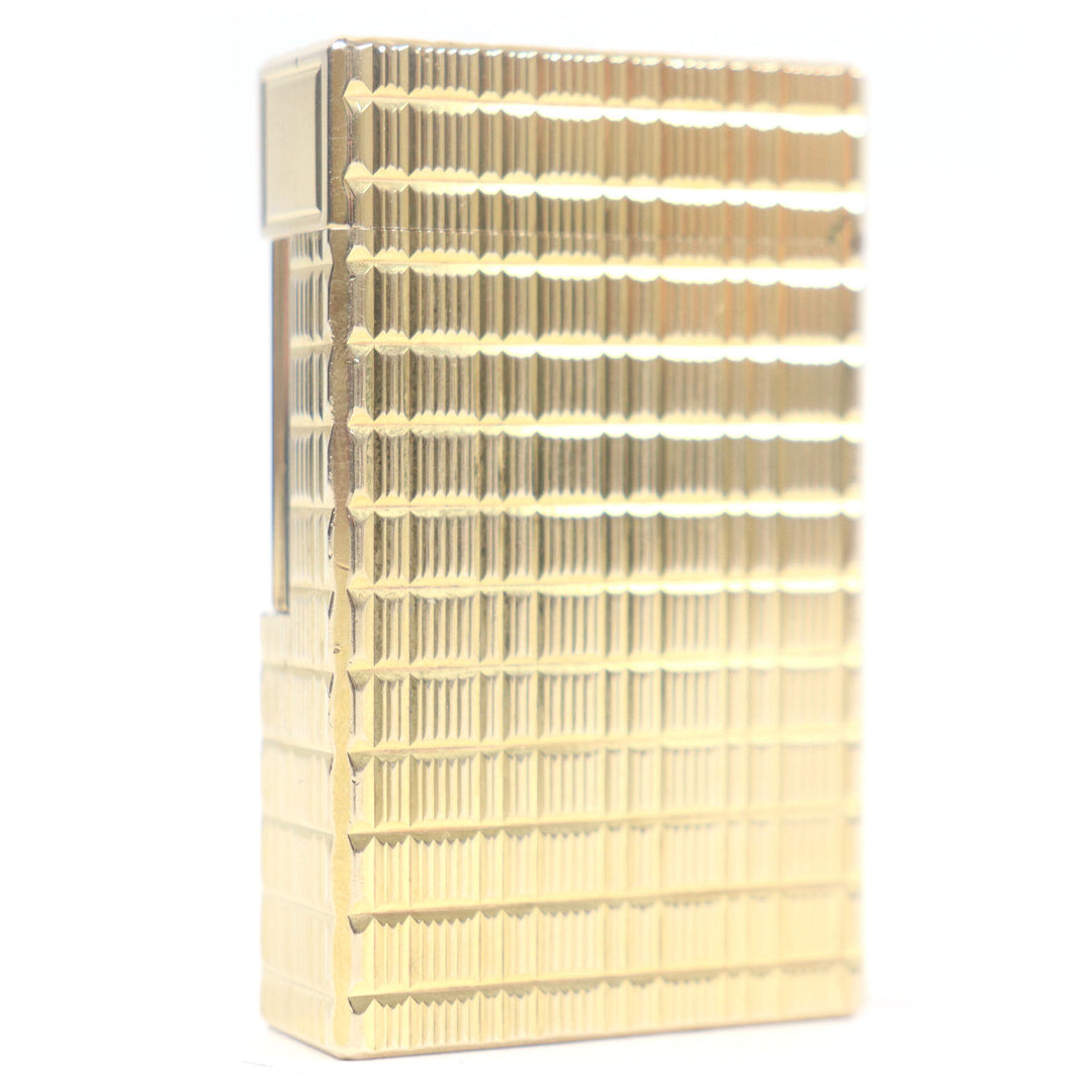 外装極美品□Dupont デュポン ライン1 ロング ブロックチェック スクエア ローラー式 喫煙具 ガスライター ゴールド フランス製 着火不可
