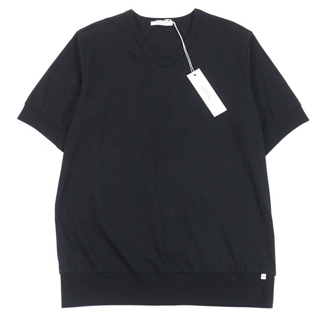 未使用品○ANTICIPO アンティーチポ INZOLIA インツォリア ロゴタグ付き スムースコットン Vネック リブ切替 半袖Ｔシャツ 黒 44 正規品