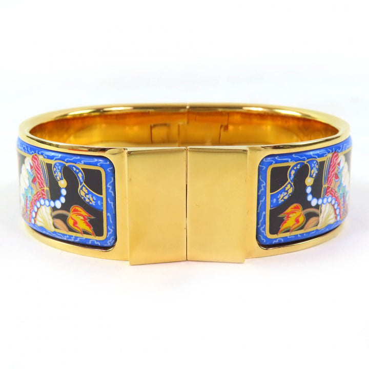 美品△HERMES エルメス ロケ エマイユGM 扇子柄 七宝焼き バングル ブレスレット アクセサリー ゴールド マルチカラー 箱付き レディース