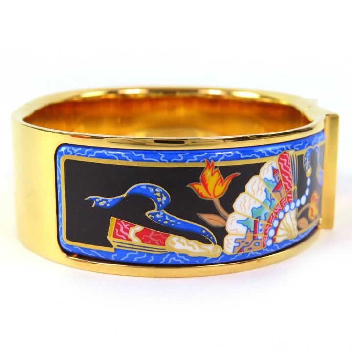 美品△HERMES エルメス ロケ エマイユGM 扇子柄 七宝焼き バングル ブレスレット アクセサリー ゴールド マルチカラー 箱付き レディース