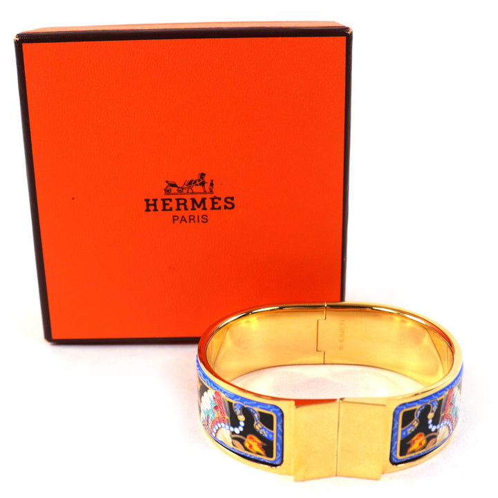 美品△HERMES エルメス ロケ エマイユGM 扇子柄 七宝焼き バングル ブレスレット アクセサリー ゴールド マルチカラー 箱付き レディース