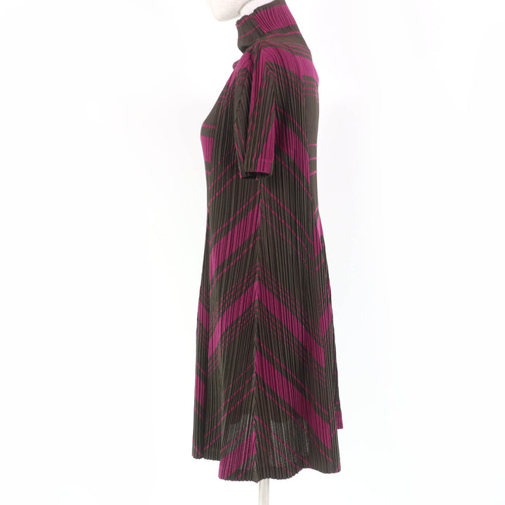 美品☆PLEATS PLEASE プリーツプリーズ イッセイミヤケ PP93-JK676 ハイネック 半袖 ワンピース ブラウン パープル 3 正規品 レディース