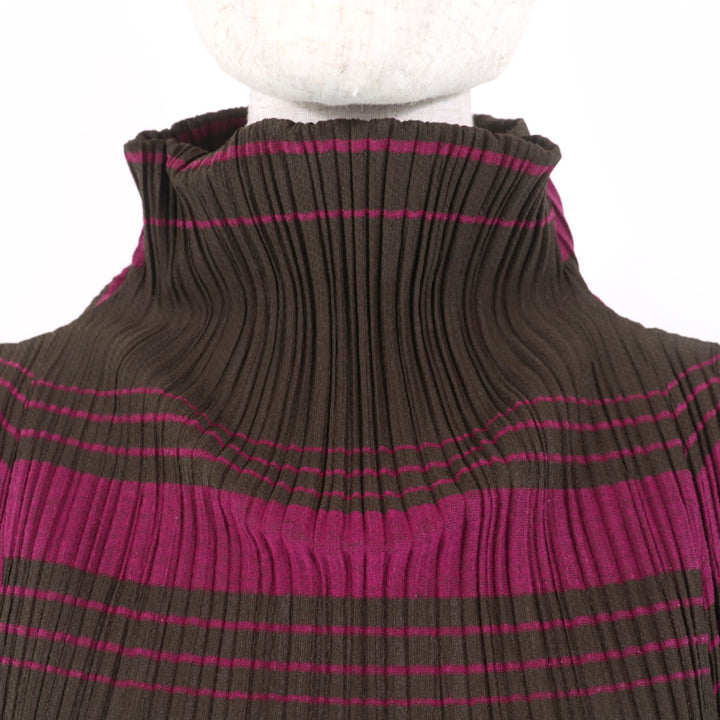 美品☆PLEATS PLEASE プリーツプリーズ イッセイミヤケ PP93-JK676 ハイネック 半袖 ワンピース ブラウン パープル 3 正規品 レディース