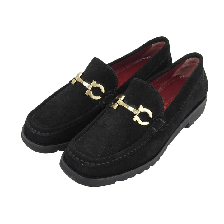 極美品▲Salvatore Ferragamo SPORT サルヴァトーレ フェラガモ スポーツ ダブルガンチーニ スウェードレザーローファー ブラック 5.5