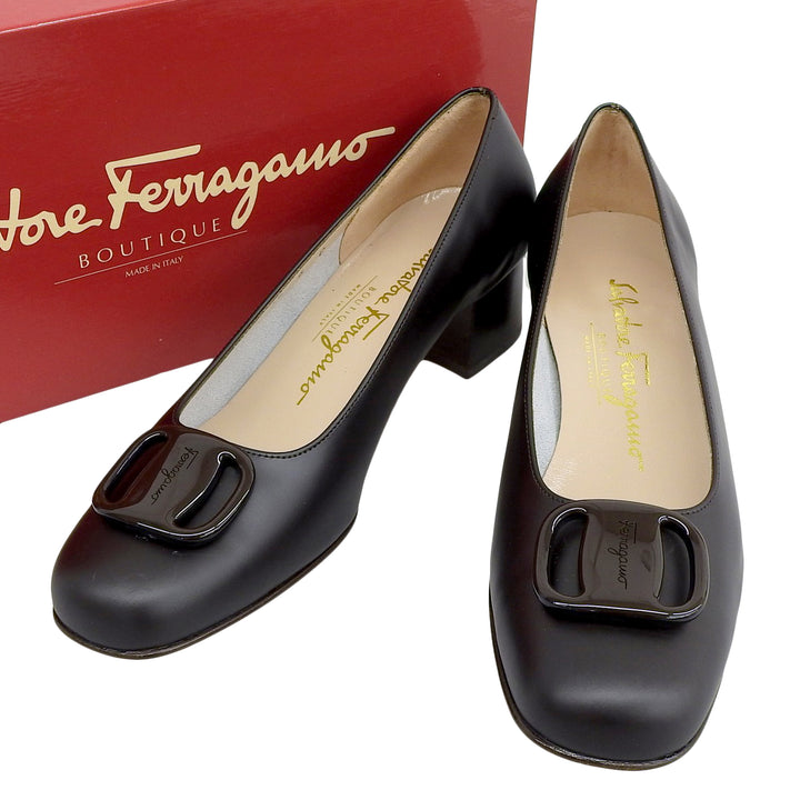 極美品▲Salvatore Ferragamo サルヴァトーレフェラガモ FRAGOLA ヴァラ レザーパンプス ダークブラウン 6 箱付き イタリア製 レディース