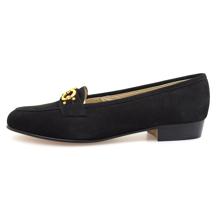 極美品▲Salvatore Ferragamo サルヴァトーレフェラガモ BABS ダブルガンチーニ ヌバックレザー パンプス 黒 ゴールド金具 5.5 箱付