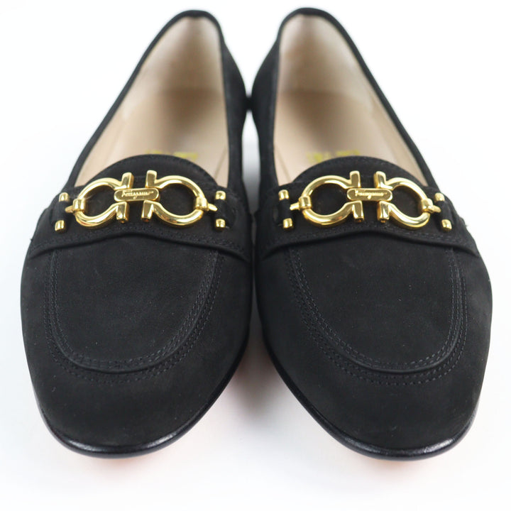 極美品▲Salvatore Ferragamo サルヴァトーレフェラガモ BABS ダブルガンチーニ ヌバックレザー パンプス 黒 ゴールド金具 5.5 箱付