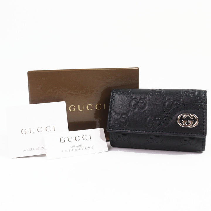 極美品▲GUCCI グッチ 181680 グッチシマ インターロッキングG 6連 レザー キーケース ブラック シルバー金具 箱付き イタリア製 メンズ