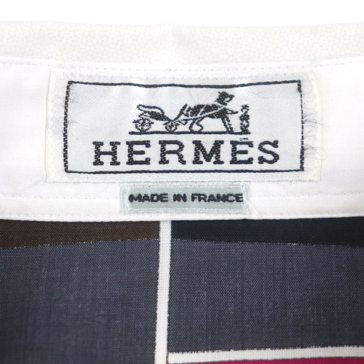 極美品▼HERMES エルメス モザイクジャイアント コットン100% セリエボタン バックプリント 長袖シャツ ホワイト マルチ 40 仏製 メンズ
