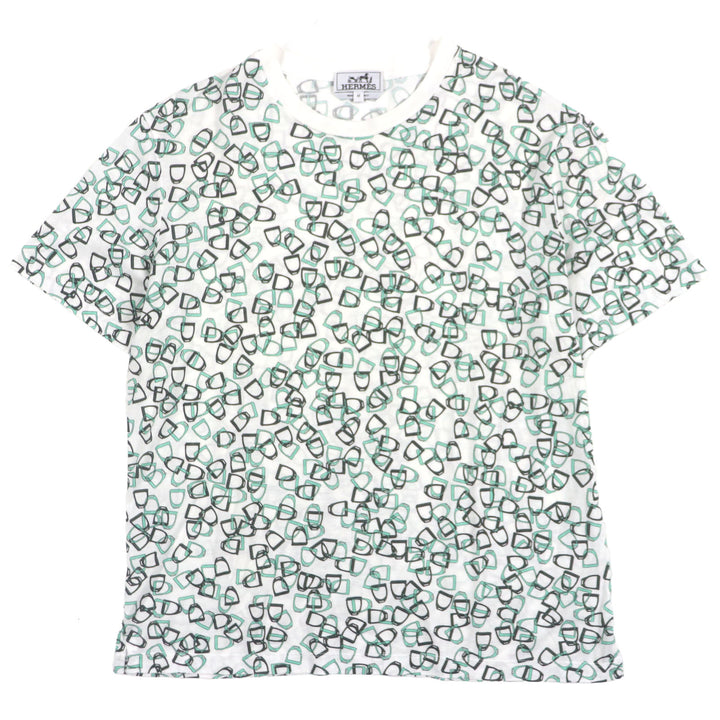 美品▼HERMES エルメス シェーヌダンクルプリント クルーネック ショートスリーブ 半袖Ｔシャツ ホワイト グリーン M イタリア製 メンズ