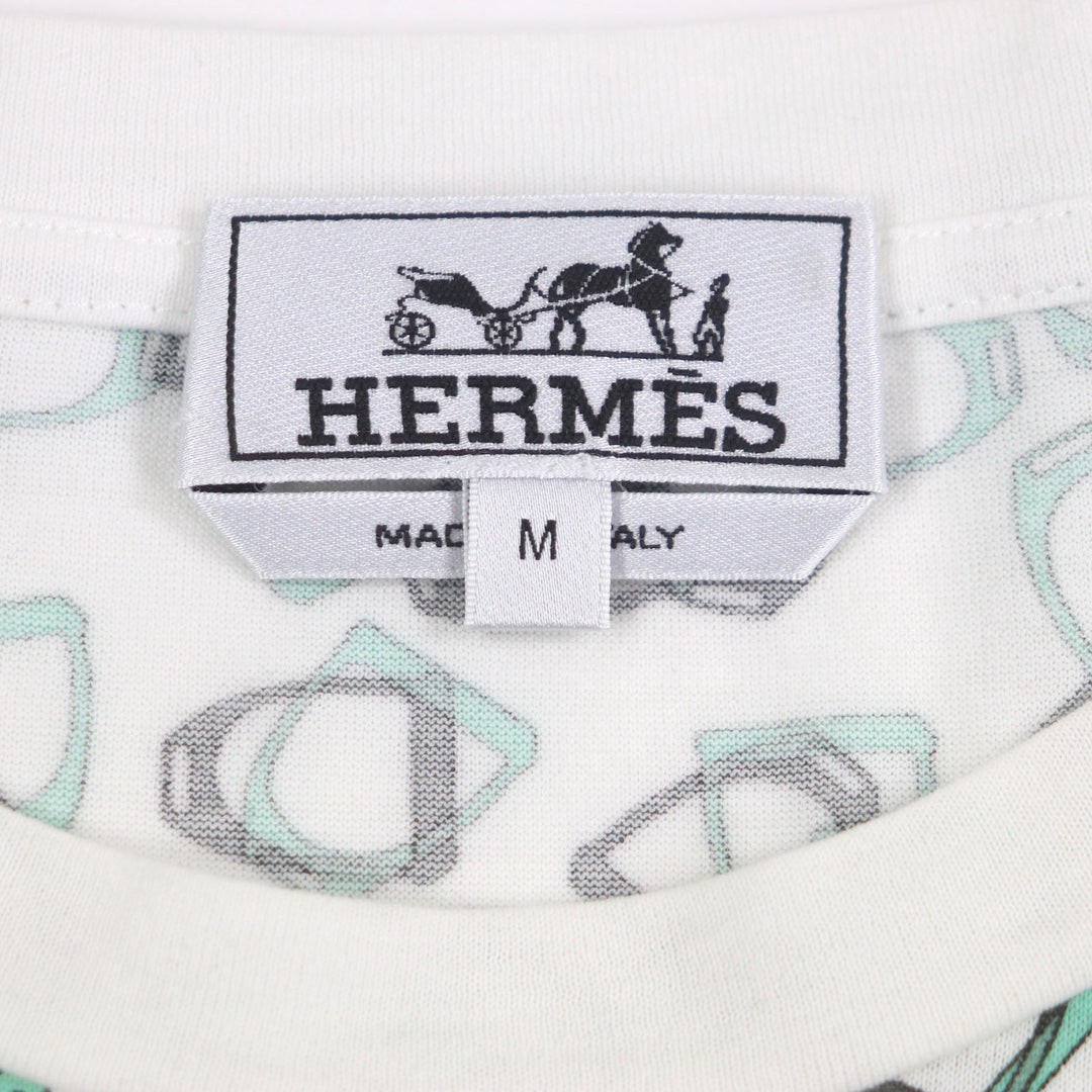 美品▼HERMES エルメス シェーヌダンクルプリント クルーネック ショートスリーブ 半袖Ｔシャツ ホワイト グリーン M イタリア製 メンズ