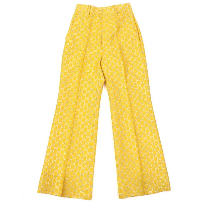 極美品△GUCCI グッチ 20AW 627877 ウール シルク GGジャガード フレアパンツ ベルボトム トラウザー イエロー シルバー 36 伊製 正規品