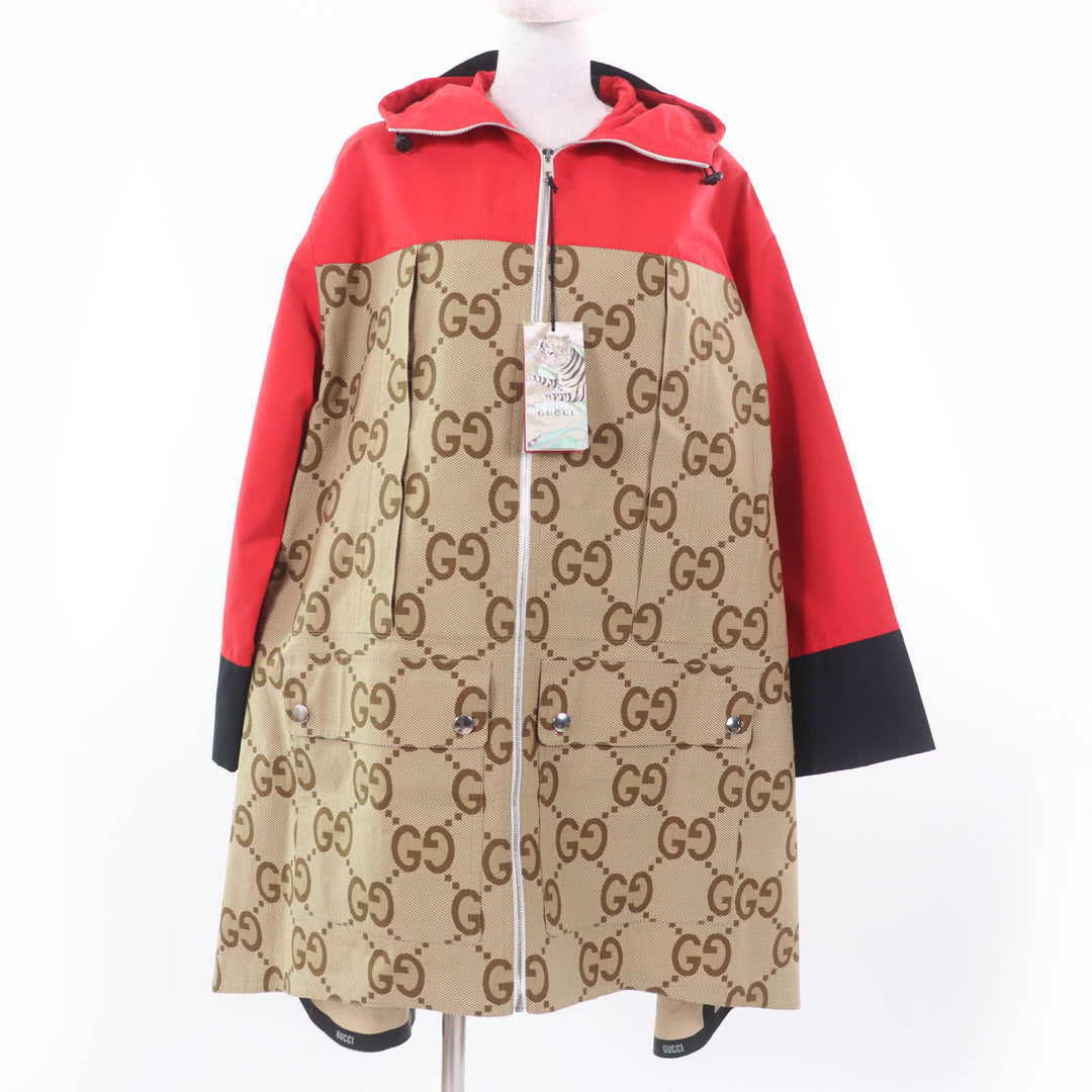 極美品☆GUCCI グッチ 22SS 682981 TIGER コットン100％ GG柄 大判 コート レッド ブラウン 40 ハンガー付 イタリア製 正規品 レディース