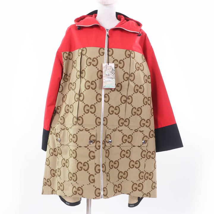 極美品☆GUCCI グッチ 22SS 682981 TIGER コットン100％ GG柄 大判 コート レッド ブラウン 40 ハンガー付 イタリア製 正規品 レディース