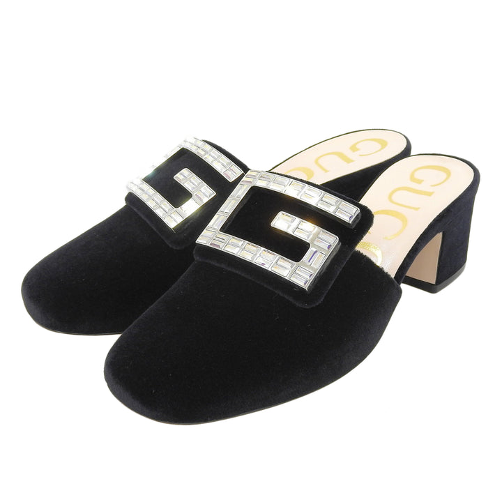 未使用品▲GUCCI グッチ 551438 Gマークビジュー付き SOFTY VELVET ベロア ミュール ブラック 34 箱・保存袋付き 伊製 レディース