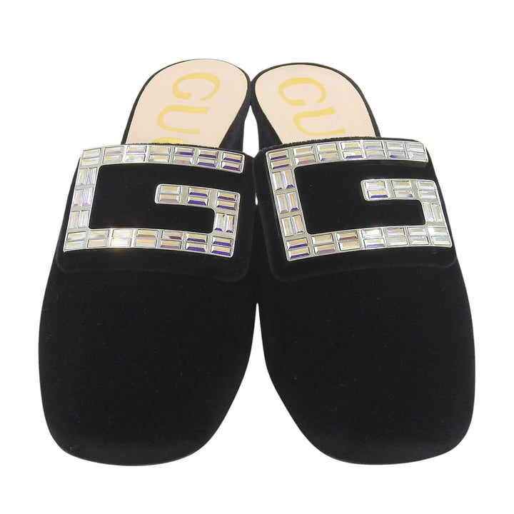 未使用品▲GUCCI グッチ 551438 Gマークビジュー付き SOFTY VELVET ベロア ミュール ブラック 34 箱・保存袋付き 伊製 レディース