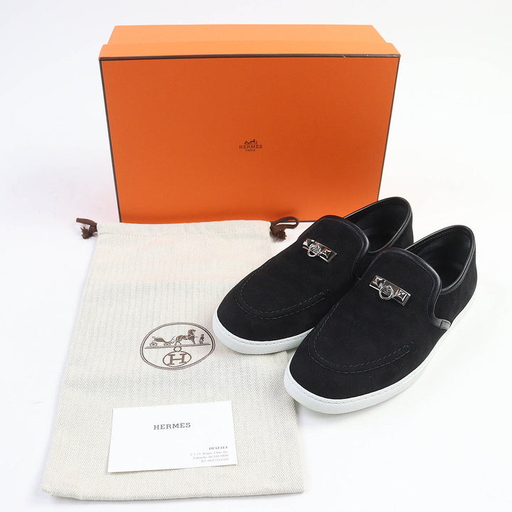 美品◇HERMES エルメス モカシン ジュール メドール スウェードレザー シルバー金具 スニーカー ブラック 38 箱・保存袋付き イタリア製
