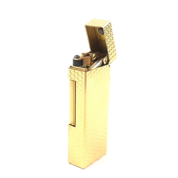 美品▼Dunhill ダンヒル スクエア 総柄 ロゴ付き ローラー式 ガスライター ゴールド スイス製 メンズ 着火確認済み