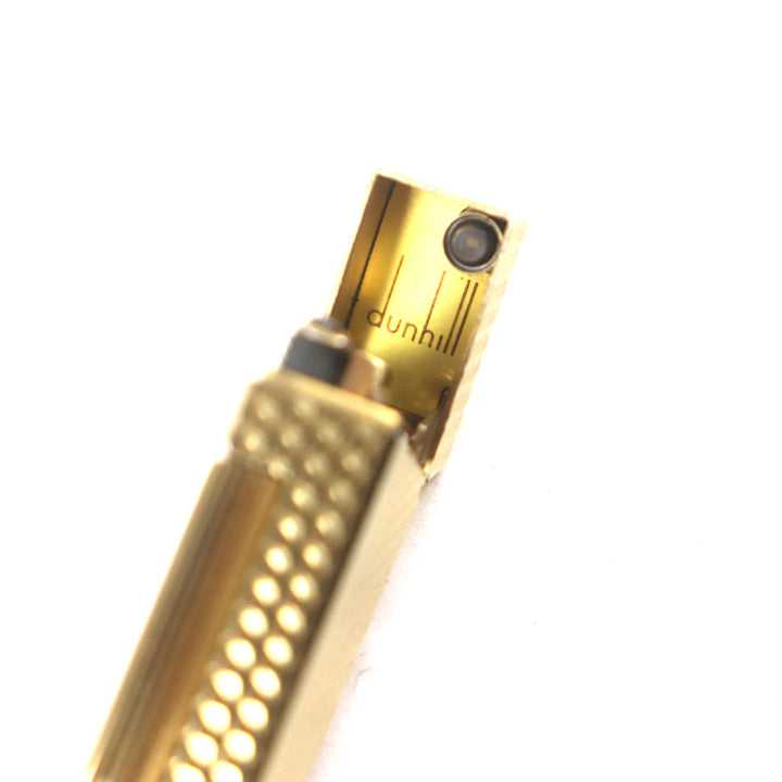 美品▼Dunhill ダンヒル スクエア 総柄 ロゴ付き ローラー式 ガスライター ゴールド スイス製 メンズ 着火確認済み