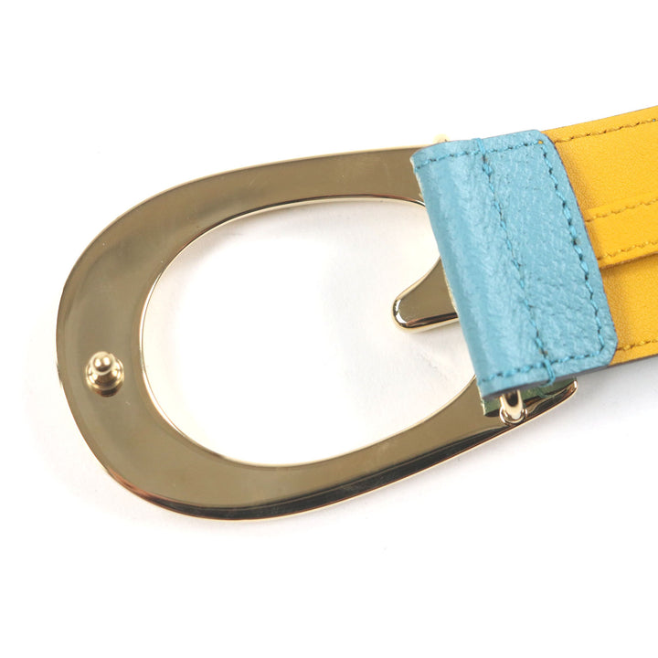 極美品▼GUCCI グッチ Memorable Buckle 709954 Gロゴバックル バイカラー レザーベルト イエロー ブルー ゴールド金具 90・36 メンズ