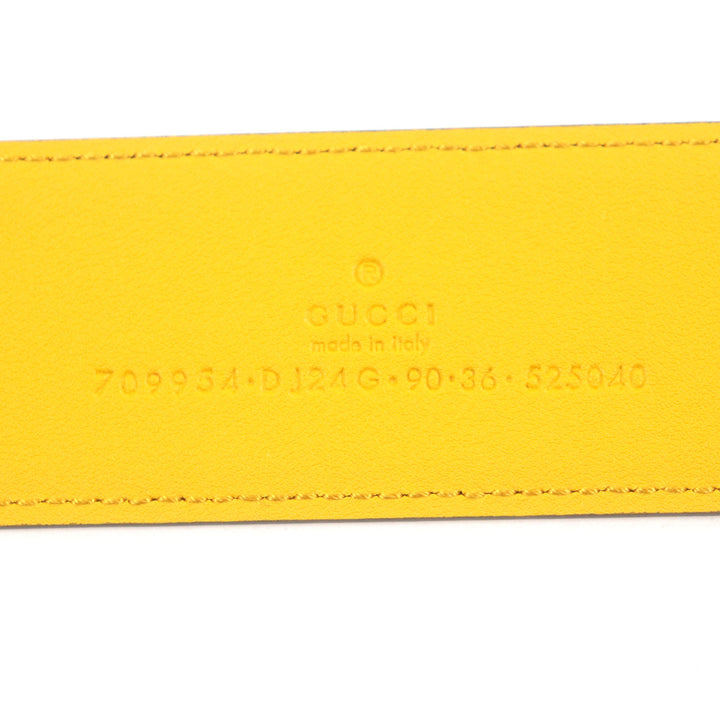 極美品▼GUCCI グッチ Memorable Buckle 709954 Gロゴバックル バイカラー レザーベルト イエロー ブルー ゴールド金具 90・36 メンズ