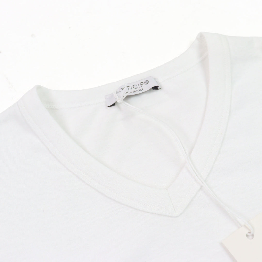 未使用品○ANTICIPO アンティーチポ INZOLIA インツォリア ロゴタグ付き スムースコットン Vネック リブ切替 半袖Ｔシャツ 白 44 正規品