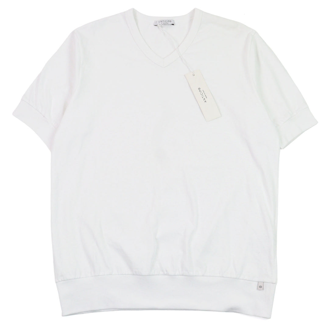 未使用品○ANTICIPO アンティーチポ INZOLIA インツォリア ロゴタグ付き スムースコットン Vネック リブ切替 半袖Ｔシャツ 白 44 正規品