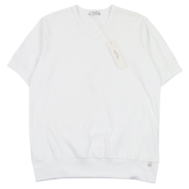 未使用品○ANTICIPO アンティーチポ INZOLIA インツォリア ロゴタグ付き スムースコットン Vネック リブ切替 半袖Ｔシャツ 白 44 正規品