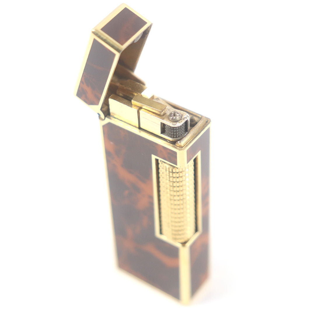 外装美品□Dunhill ダンヒル ラッカー マーブル柄 スクエア型 喫煙具 ガスライター ブラウン ゴールド スイス製 メンズ 着火不可