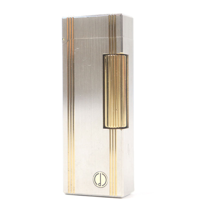 外装美品□Dunhill ダンヒル ストライプ ロゴ入り スクエア型 喫煙具 ガスライター シルバー ゴールド スイス製 メンズ 着火不可