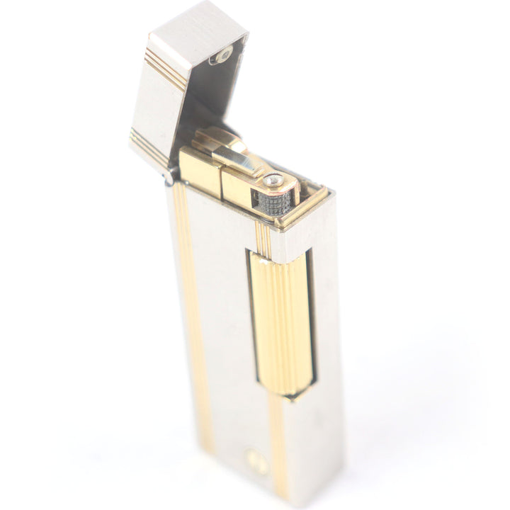 外装美品□Dunhill ダンヒル ストライプ ロゴ入り スクエア型 喫煙具 ガスライター シルバー ゴールド スイス製 メンズ 着火不可