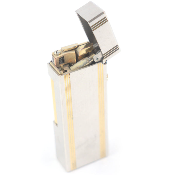 外装美品□Dunhill ダンヒル ストライプ ロゴ入り スクエア型 喫煙具 ガスライター シルバー ゴールド スイス製 メンズ 着火不可