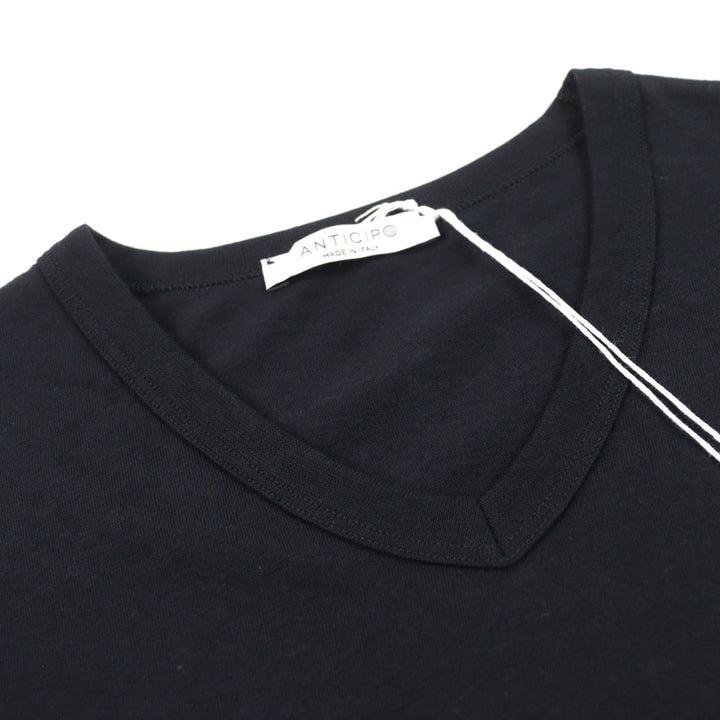 未使用品○ANTICIPO アンティーチポ INZOLIA インツォリア ロゴタグ付き スムースコットン Vネック リブ切替 半袖Ｔシャツ 黒 44 正規品