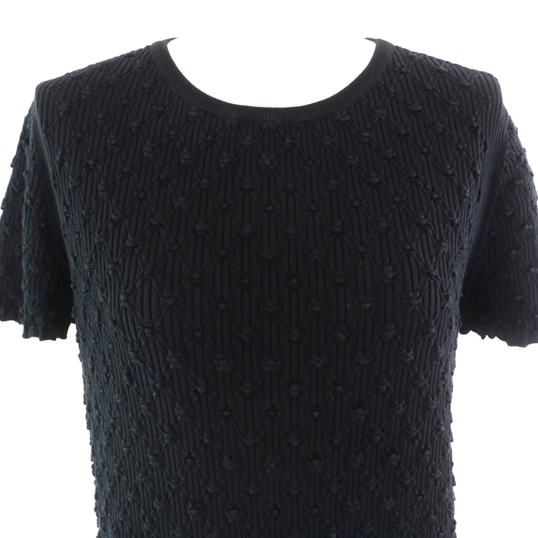 美品△CHANEL シャネル P58595 コットン ココマーク金具 総織柄 半袖 ニット ワンピース ブラック 42 フランス製 正規品 レディース
