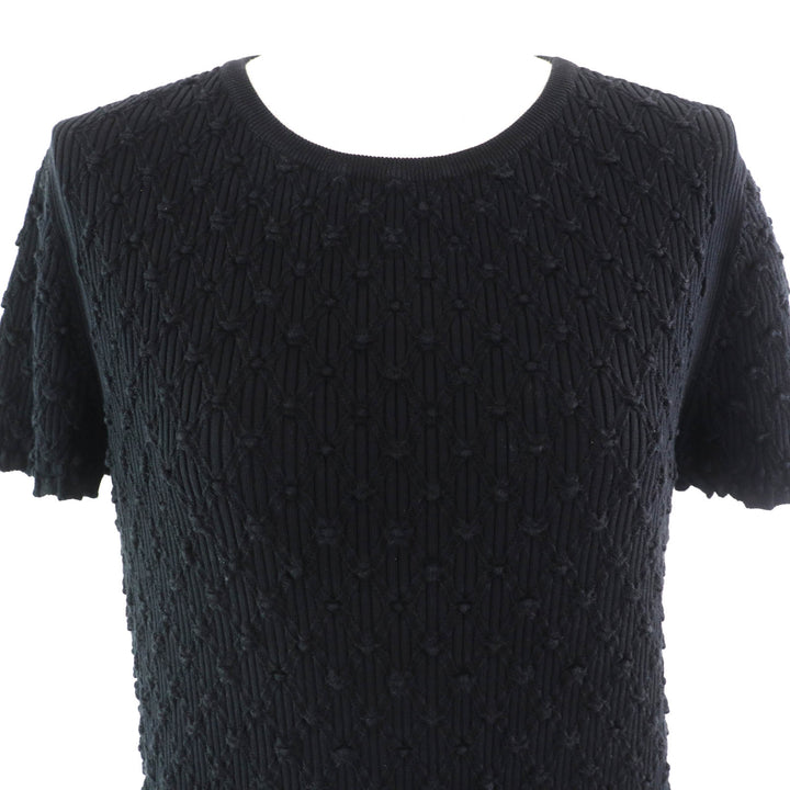 美品△CHANEL シャネル P58595 コットン ココマーク金具 総織柄 半袖 ニット ワンピース ブラック 42 フランス製 正規品 レディース