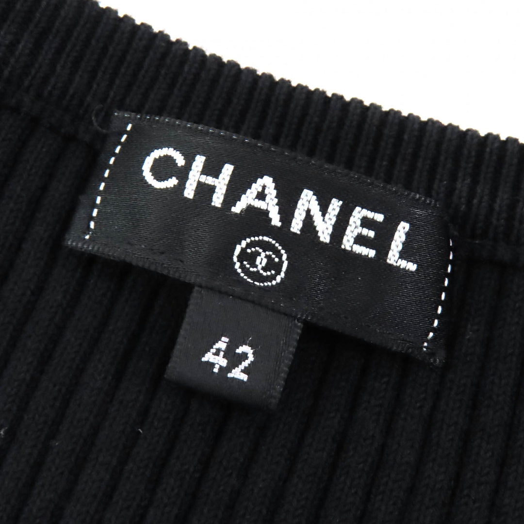 美品△CHANEL シャネル P58595 コットン ココマーク金具 総織柄 半袖 ニット ワンピース ブラック 42 フランス製 正規品 レディース