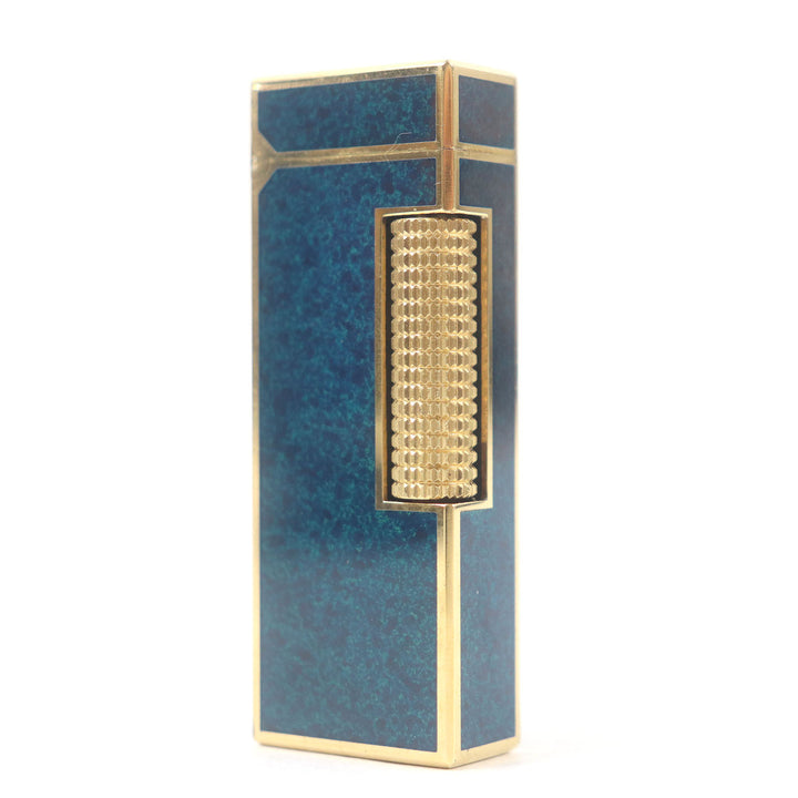 外装美品□Dunhill ダンヒル ラッカー マーブル柄 スクエア ローラー式 喫煙具 ライター ブルー ゴールド ケース付き スイス製 着火不可