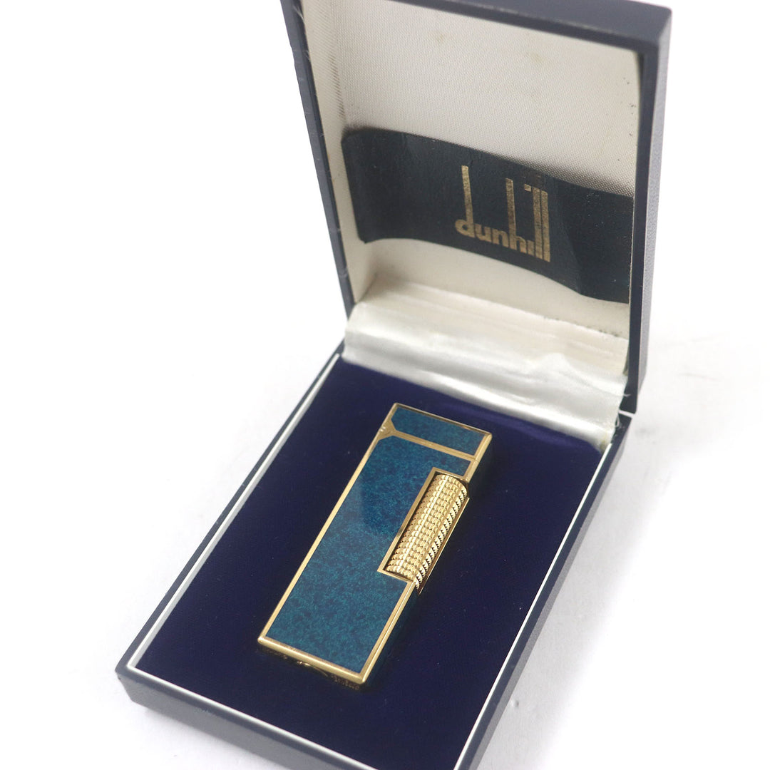 外装美品□Dunhill ダンヒル ラッカー マーブル柄 スクエア ローラー式 喫煙具 ライター ブルー ゴールド ケース付き スイス製 着火不可