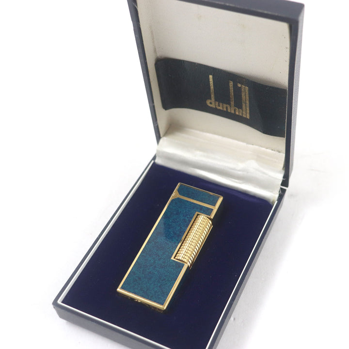 外装美品□Dunhill ダンヒル ラッカー マーブル柄 スクエア ローラー式 喫煙具 ライター ブルー ゴールド ケース付き スイス製 着火不可
