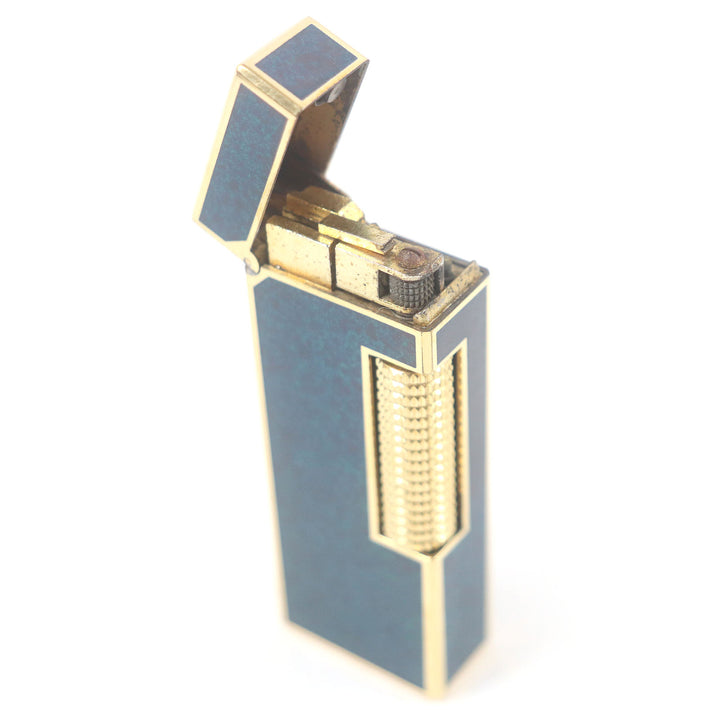 外装美品□Dunhill ダンヒル ラッカー マーブル柄 スクエア ローラー式 喫煙具 ライター ブルー ゴールド ケース付き スイス製 着火不可