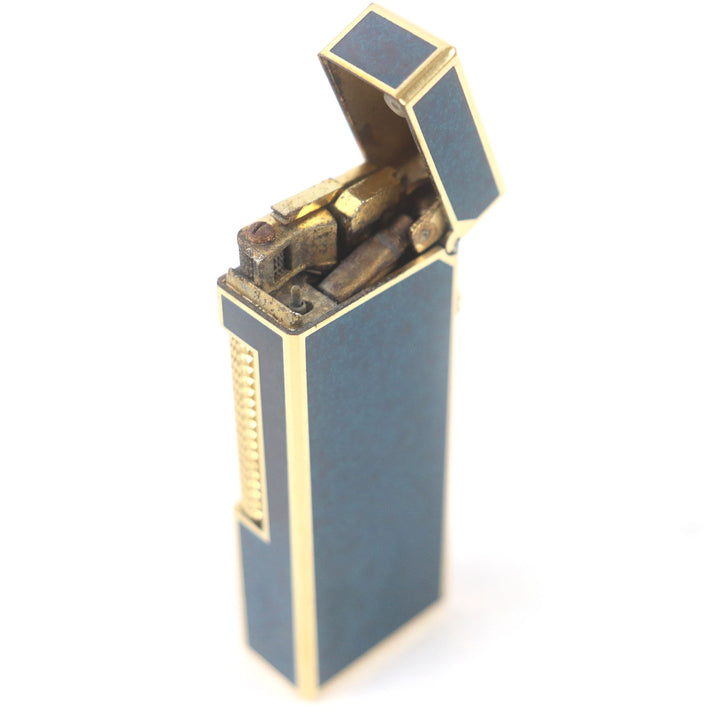 外装美品□Dunhill ダンヒル ラッカー マーブル柄 スクエア ローラー式 喫煙具 ライター ブルー ゴールド ケース付き スイス製 着火不可